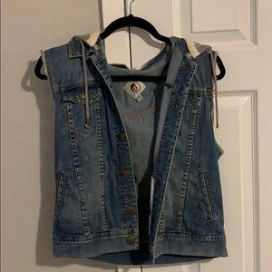 Denim vest with detachable grey hood